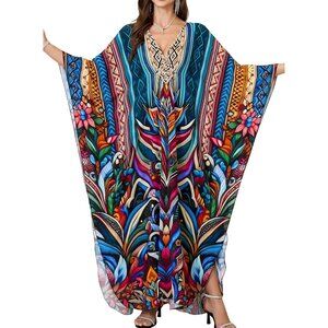 Women's Blue Flowers Floral V-Neck Batwing Sleeves Summer Cover Up Kaftan Dress